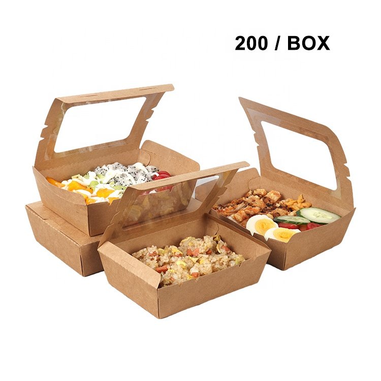 Disposable Kraft Paper Food Pack Togo Box Container 2 Compartment Take Away Salad Lunch Bento Packaging Box With PVC Window