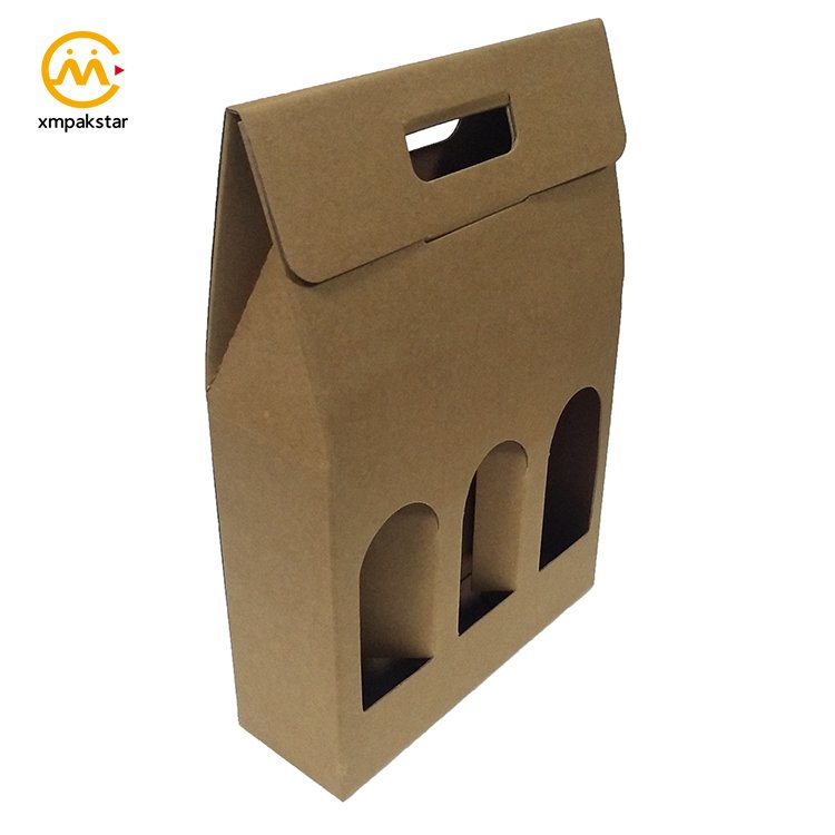 Eco friendly cardboard custom portable Kraft carton 3 bottle carrying wine packaging box with handle