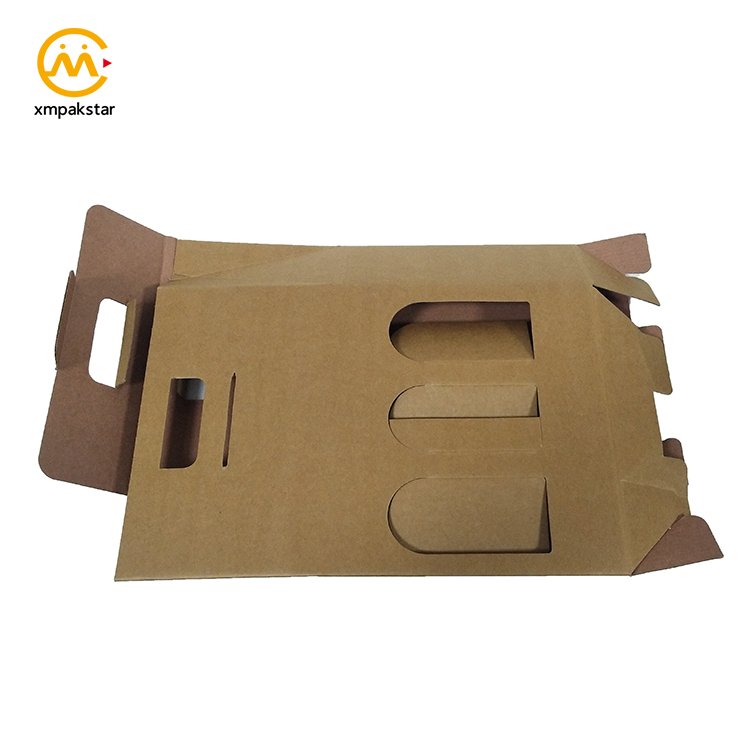Eco friendly cardboard custom portable Kraft carton 3 bottle carrying wine packaging box with handle