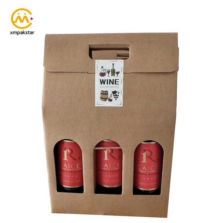 Eco friendly cardboard custom portable Kraft carton 3 bottle carrying wine packaging box with handle