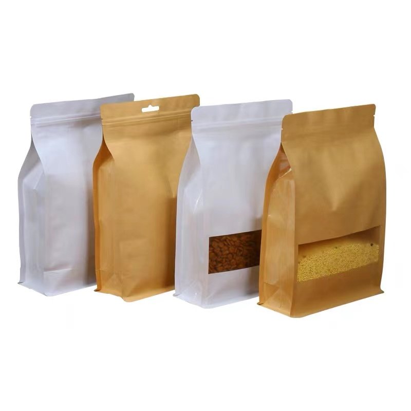 Ziplock Kraft Paper Bag Flat Bottom Coffee Bag Dried Food Packaging Square Bottom Plain Food Package Gravure Printing Zipper Top