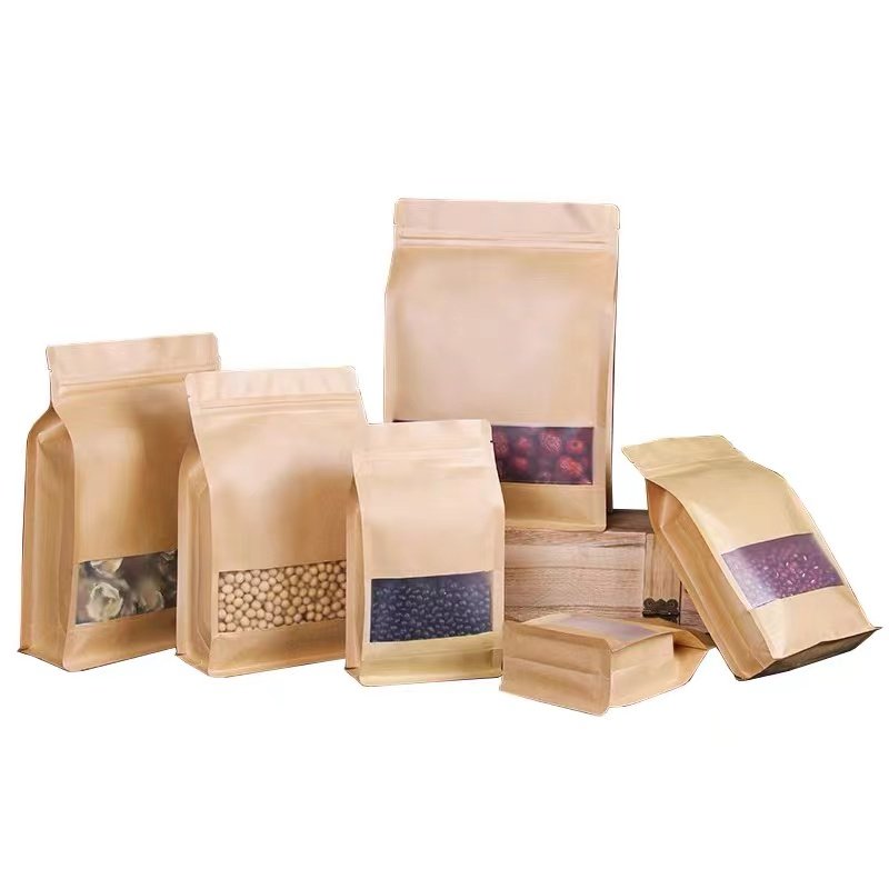 Ziplock Kraft Paper Bag Flat Bottom Coffee Bag Dried Food Packaging Square Bottom Plain Food Package Gravure Printing Zipper Top