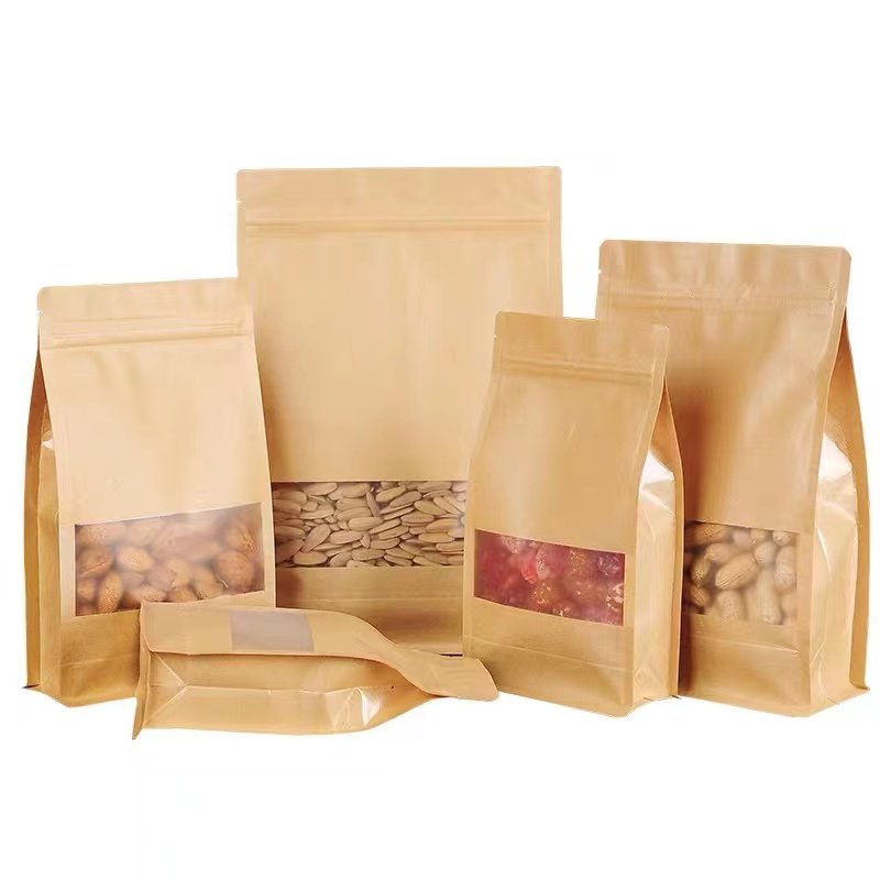 Ziplock Kraft Paper Bag Flat Bottom Coffee Bag Dried Food Packaging Square Bottom Plain Food Package Gravure Printing Zipper Top