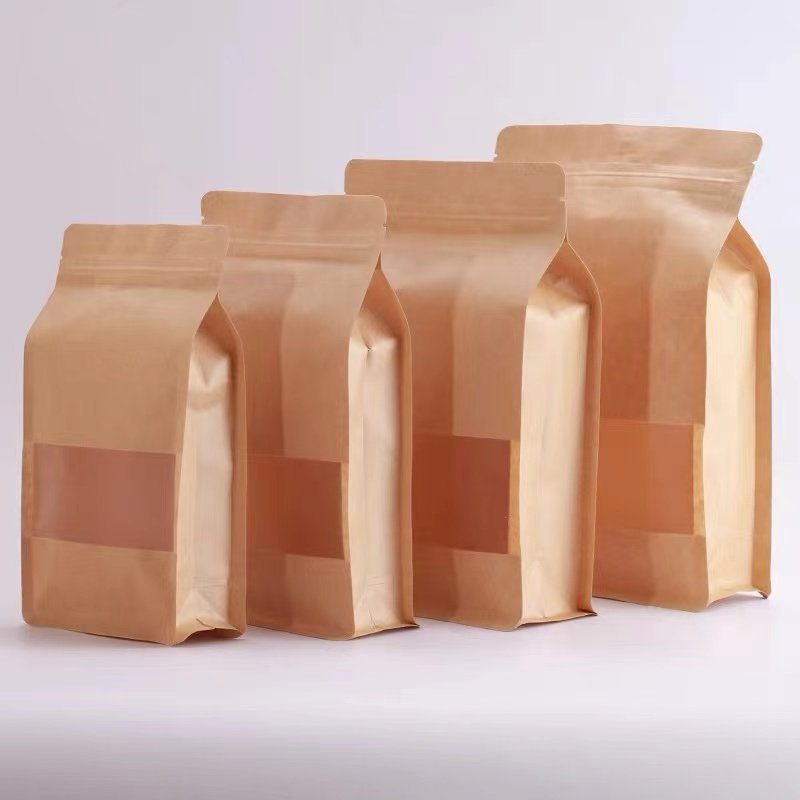 Ziplock Kraft Paper Bag Flat Bottom Coffee Bag Dried Food Packaging Square Bottom Plain Food Package Gravure Printing Zipper Top