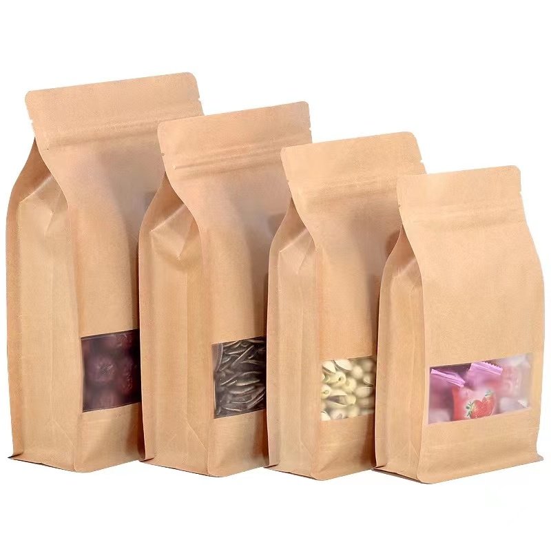 Ziplock Kraft Paper Bag Flat Bottom Coffee Bag Dried Food Packaging Square Bottom Plain Food Package Gravure Printing Zipper Top