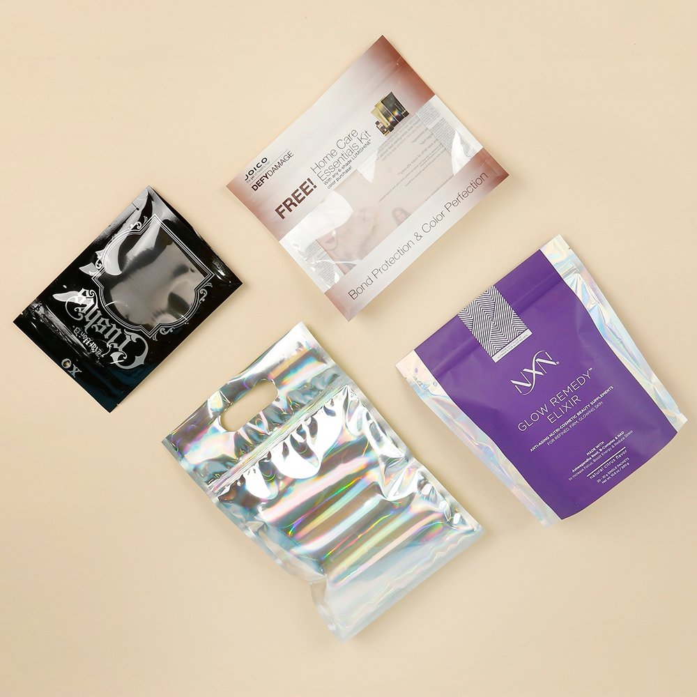 Bespoke various laser holographic rainbow shiny makeup pouches, mylar zipper cosmetics kit pouches packaging bags
