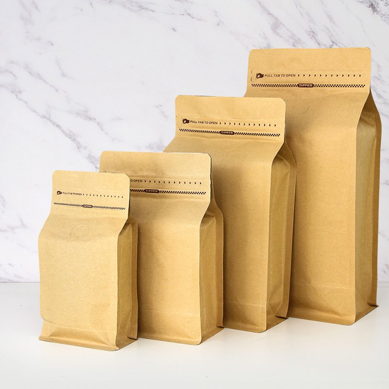 Custom Biodegradable Kraft Aluminum Foil One Way Valve Zipper Glossy Eight Side Gusset Sealed Pouch Coffee Bean Tea Packing Bags