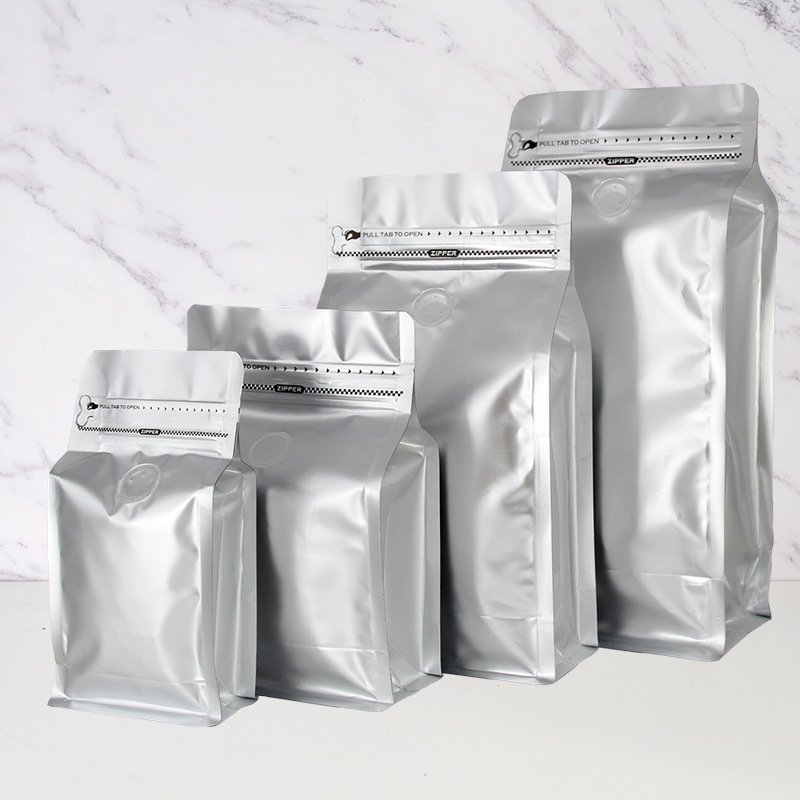 Custom Biodegradable Kraft Aluminum Foil One Way Valve Zipper Glossy Eight Side Gusset Sealed Pouch Coffee Bean Tea Packing Bags
