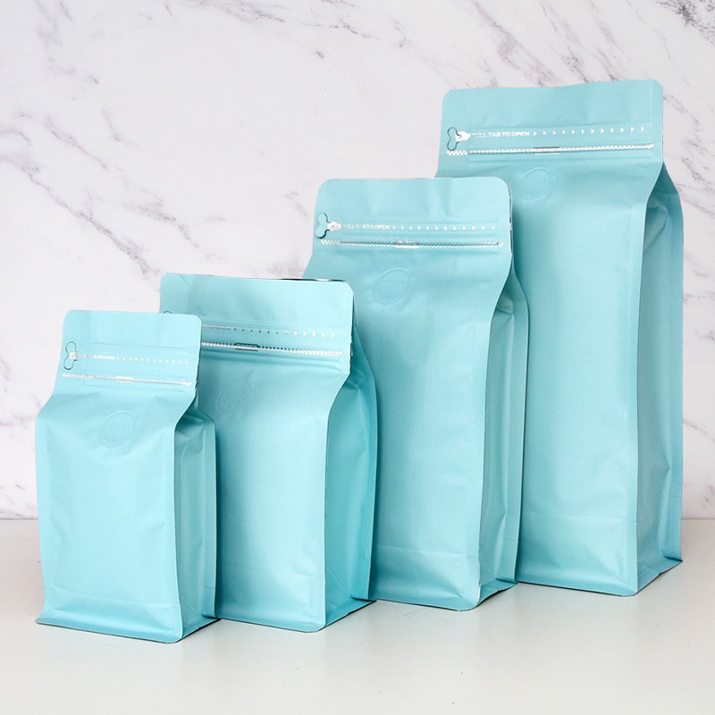 Custom Biodegradable Kraft Aluminum Foil One Way Valve Zipper Glossy Eight Side Gusset Sealed Pouch Coffee Bean Tea Packing Bags