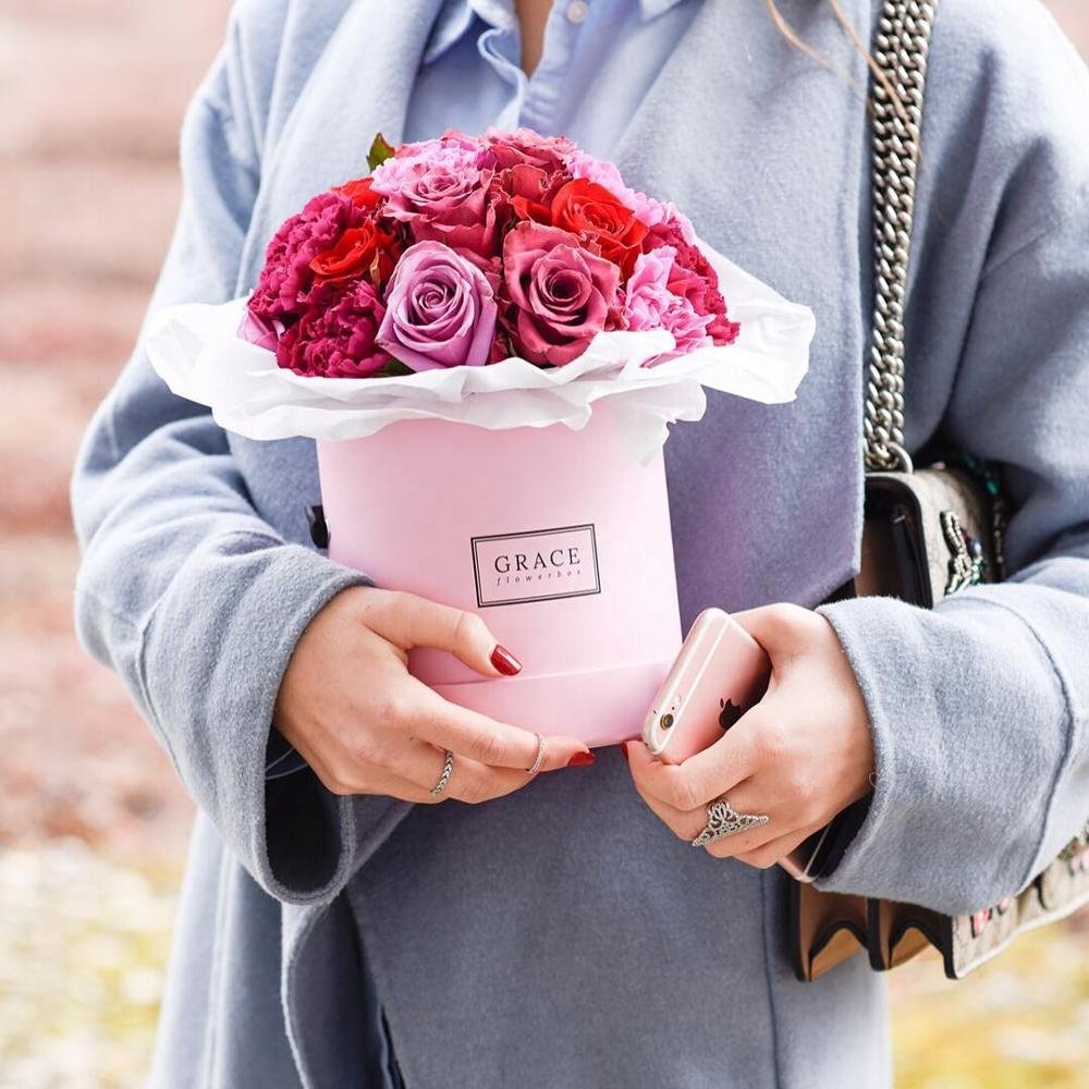 Custom round flowers gift paper hat boxes for bouquet roses packaging