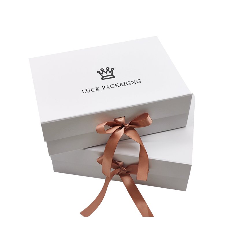 Custom Luxury White Magnet Flap Clothing Paper Box Foldable Magnetic Closure Gift Boxes With Rose Gold Ribbon
