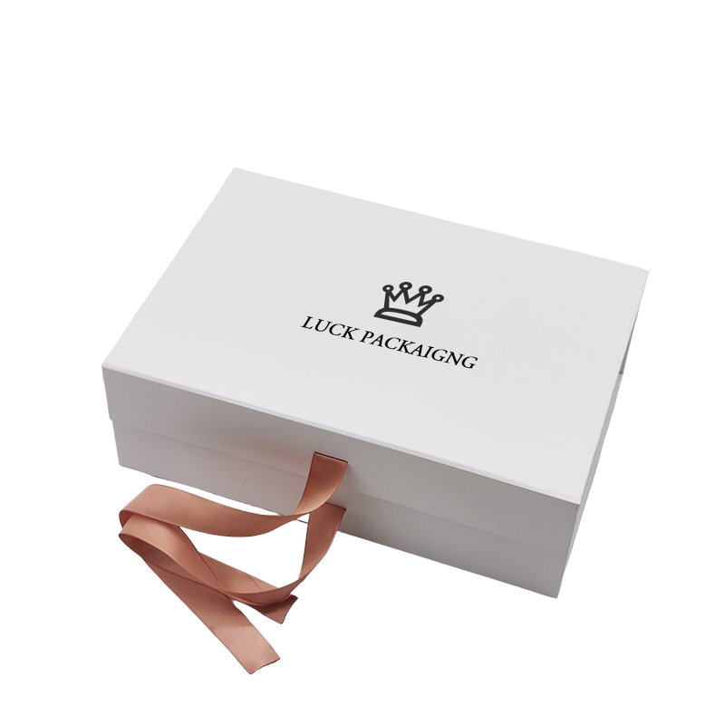 Custom Luxury White Magnet Flap Clothing Paper Box Foldable Magnetic Closure Gift Boxes With Rose Gold Ribbon