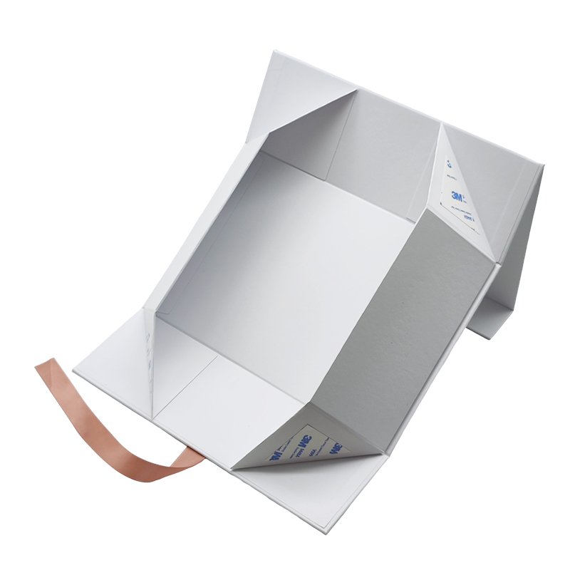 Custom Luxury White Magnet Flap Clothing Paper Box Foldable Magnetic Closure Gift Boxes With Rose Gold Ribbon