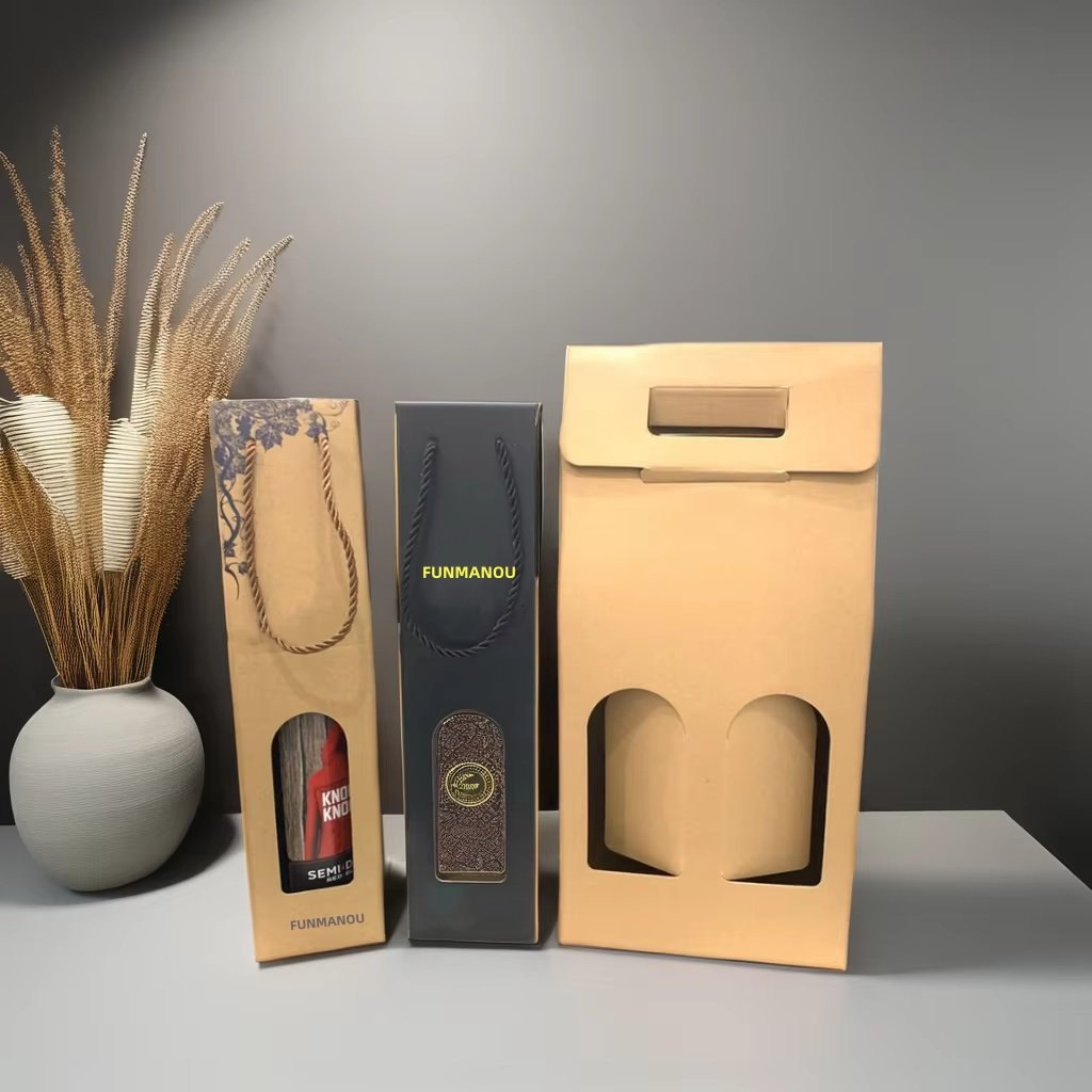 Custom Luxury Private Label Recyclable Wine Bottle Box Champagne Shipping Fold Gift Box Wine Kraft Paper Bags Wine Box Packaging