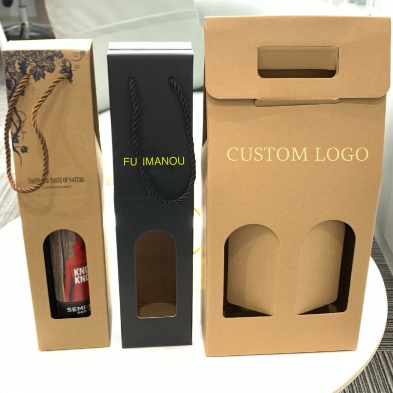 Custom Luxury Private Label Recyclable Wine Bottle Box Champagne Shipping Fold Gift Box Wine Kraft Paper Bags Wine Box Packaging