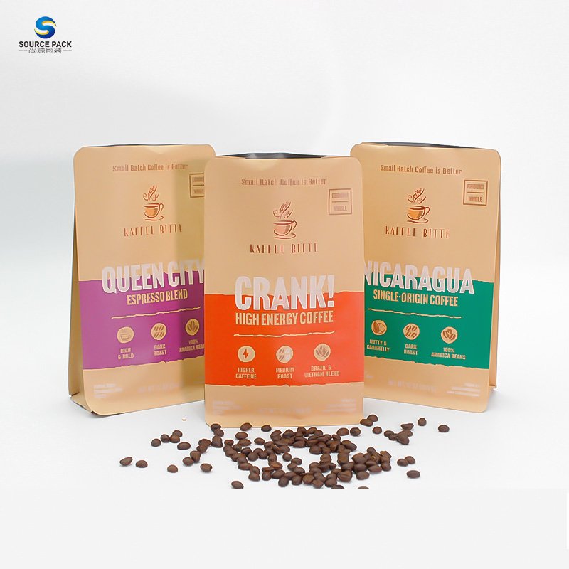 Custom Flat Bottom Pouch Gusset Coffee Packing Bag Aluminum Foil Eight Side Sealed Zipper Coffee Bag