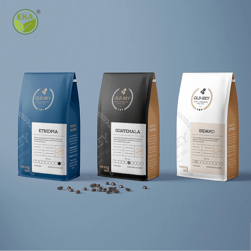 Minlee Eight Side Sealed Home Compost Custom Biodegrade Stand Up 340G Eco Friendly Aluminum Foil Kraft Paper Custom Coffee Bags