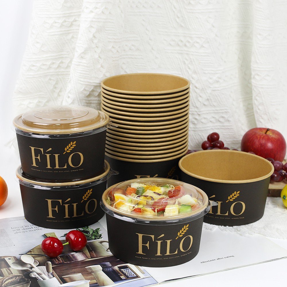 Disposable Slalad Bowl Wholesale Round Black Kraft Paper Deli Box Salad Bowl Food Packing Container With Lid