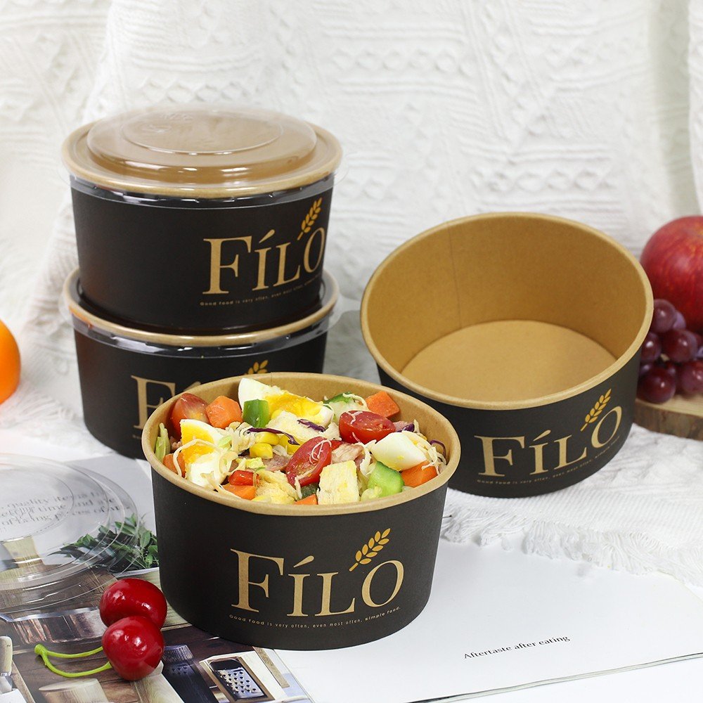 Disposable Slalad Bowl Wholesale Round Black Kraft Paper Deli Box Salad Bowl Food Packing Container With Lid