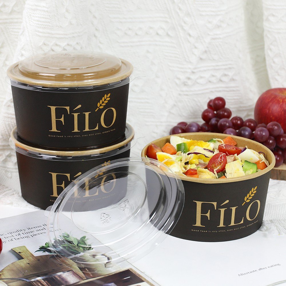 Disposable Slalad Bowl Wholesale Round Black Kraft Paper Deli Box Salad Bowl Food Packing Container With Lid