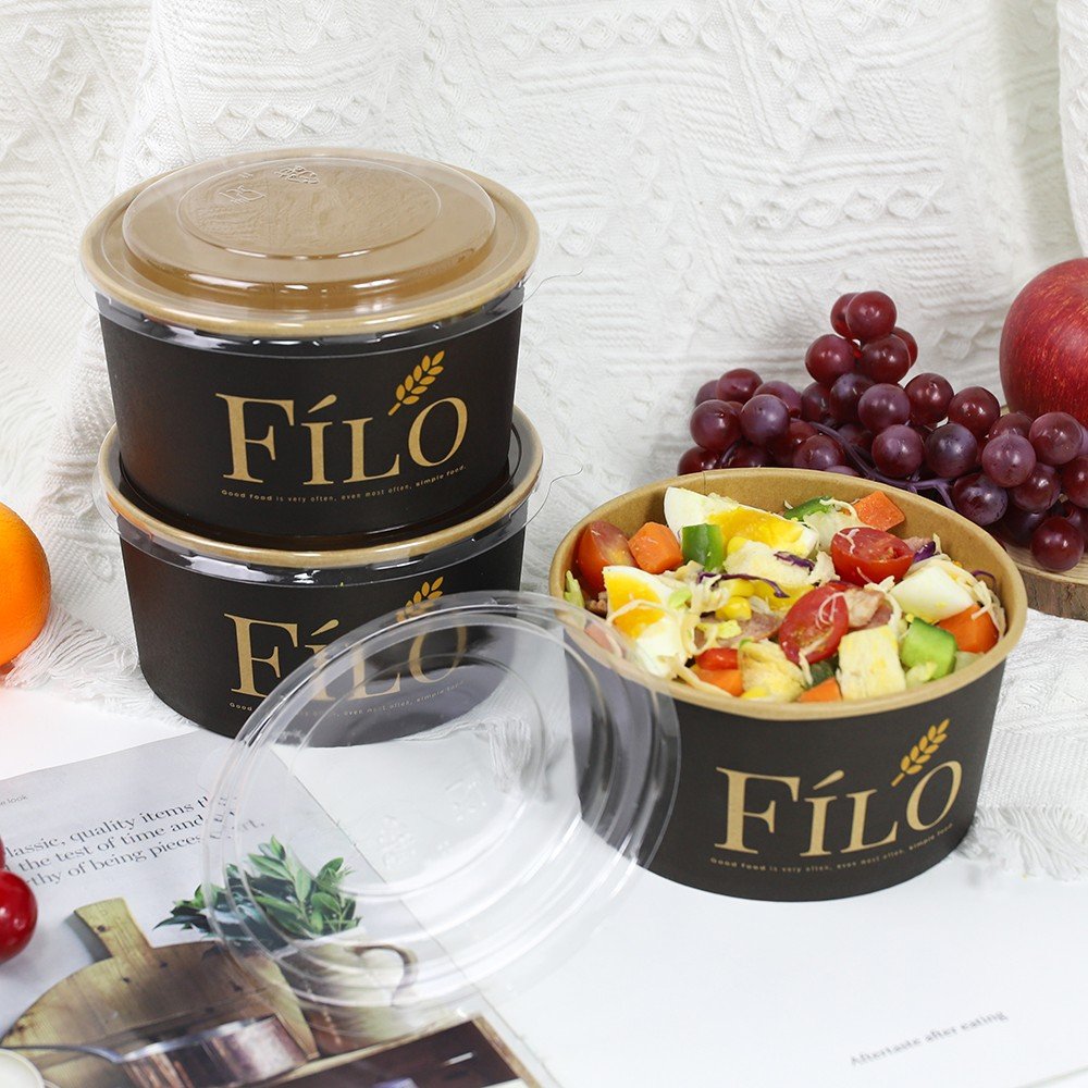 Disposable Slalad Bowl Wholesale Round Black Kraft Paper Deli Box Salad Bowl Food Packing Container With Lid