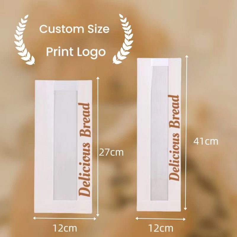 Custom Printed Logo own food paper bags baguette bread packaging bag baking croissant punching bag windowed greaseproof paper