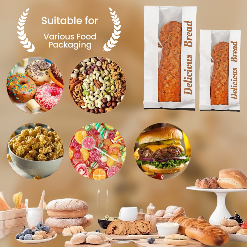 Custom Printed Logo own food paper bags baguette bread packaging bag baking croissant punching bag windowed greaseproof paper