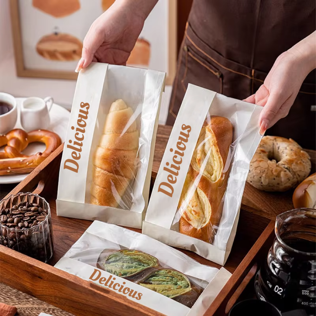 Custom Printed Logo own food paper bags baguette bread packaging bag baking croissant punching bag windowed greaseproof paper