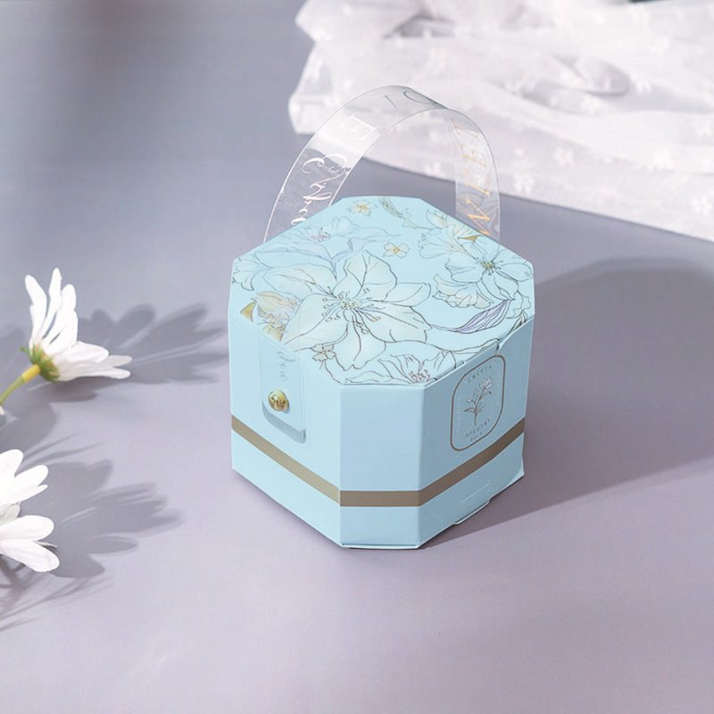 Custom Wholesale Luxury Small Octagonal Gift Boxes Wedding Favour Boxes Wedding Sweet Candy Box With Clear Handle