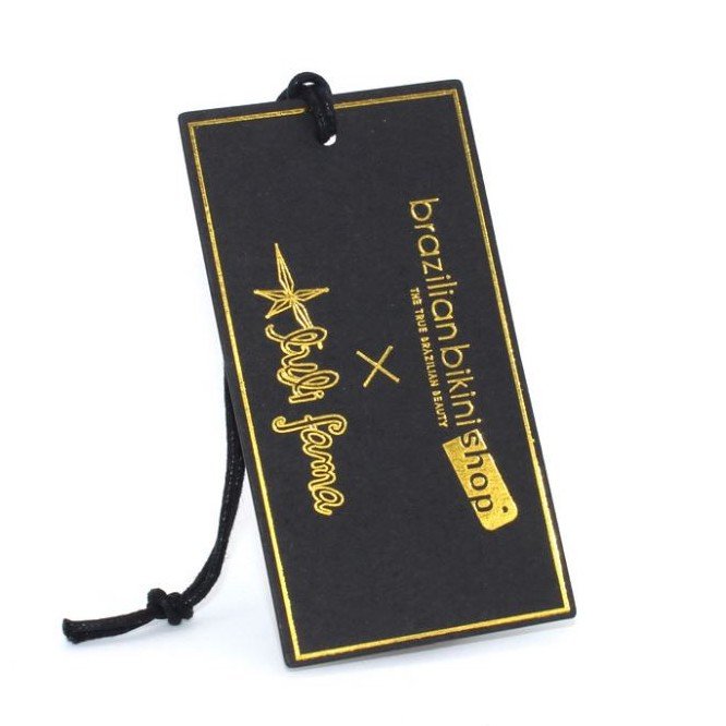 Luxury Custom Printed Gold Foil Hot Stamping Logo Garment Hang Tag Coated Paper Clothing Brand Hangtag Black And Gold Swing Tag