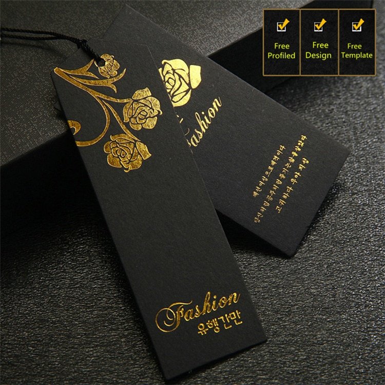 Luxury Custom Printed Gold Foil Hot Stamping Logo Garment Hang Tag Coated Paper Clothing Brand Hangtag Black And Gold Swing Tag