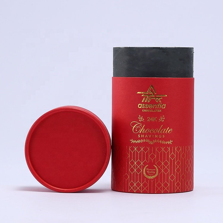 Factory custom gold foil round red paper food packiging candy tube box packaging for chocolates