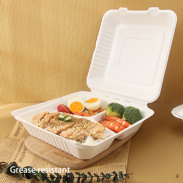 Disposable ecopack food rectangular thickened oil-proof food container primary color bagasse takeaway paper packaging boxes