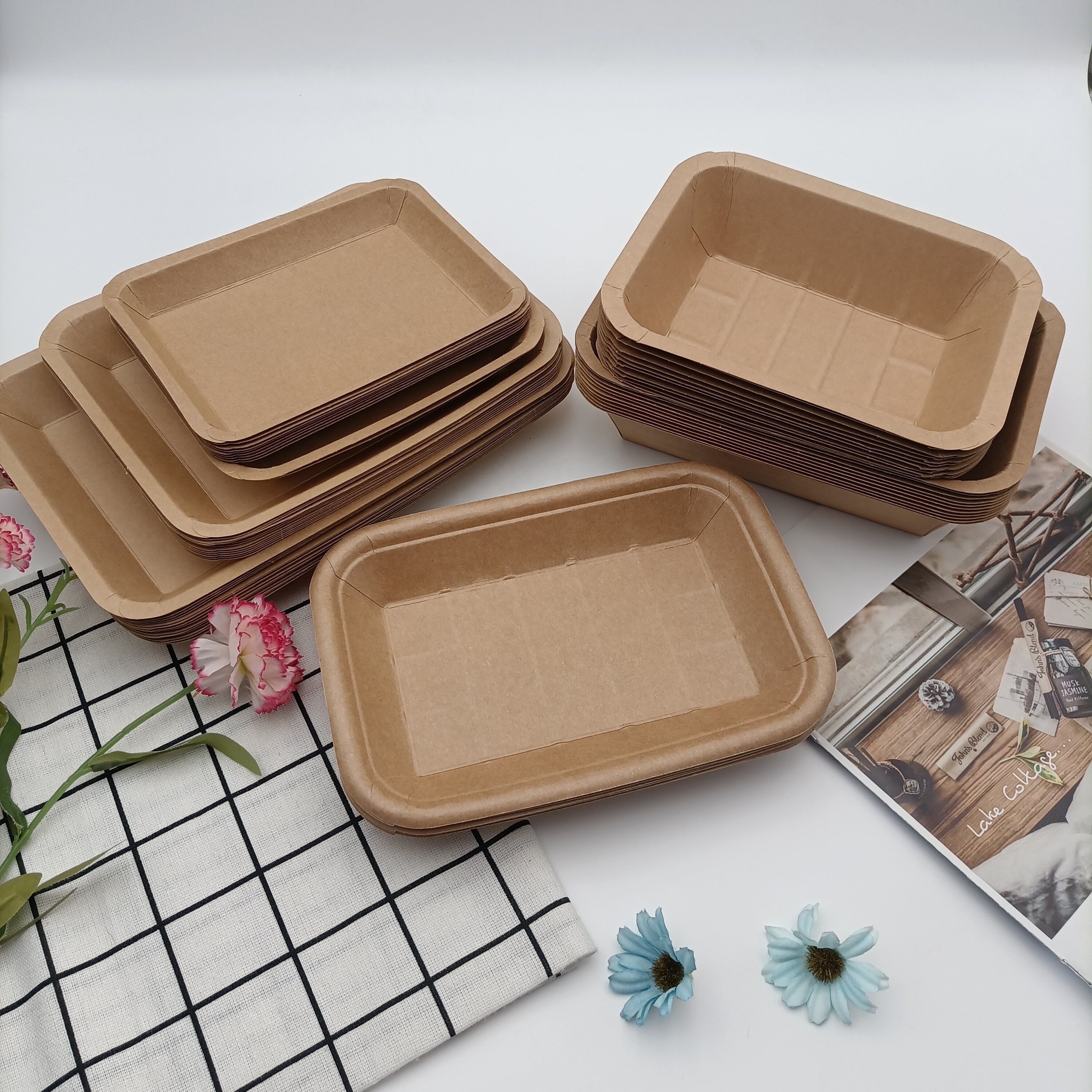 Biodegradable Kraft Paper Food Trays Box Take Out Kraft Paper Tray Oven Safe Butger Five-Part Kraft Paper Rectangular Tray