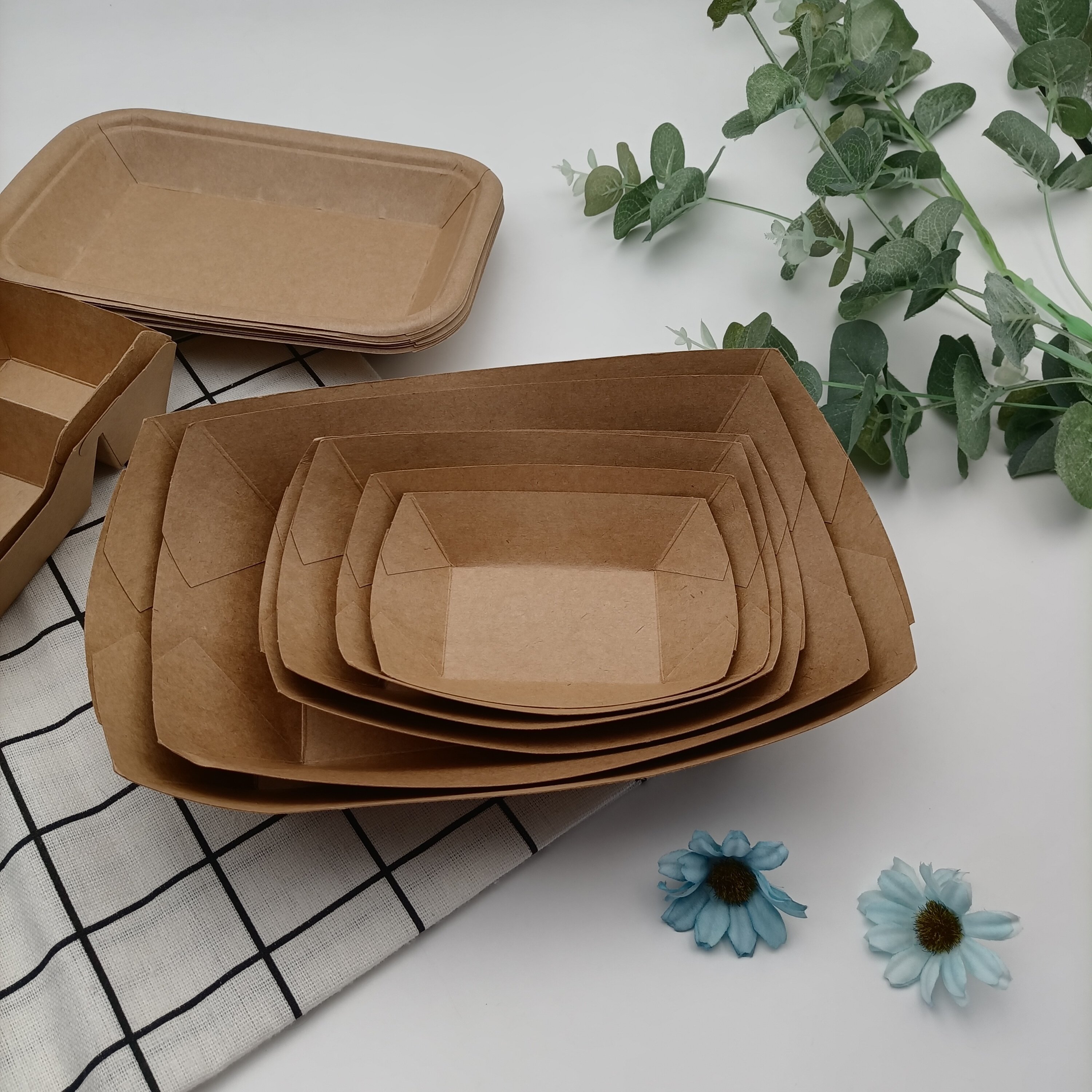 Biodegradable Kraft Paper Food Trays Box Take Out Kraft Paper Tray Oven Safe Butger Five-Part Kraft Paper Rectangular Tray