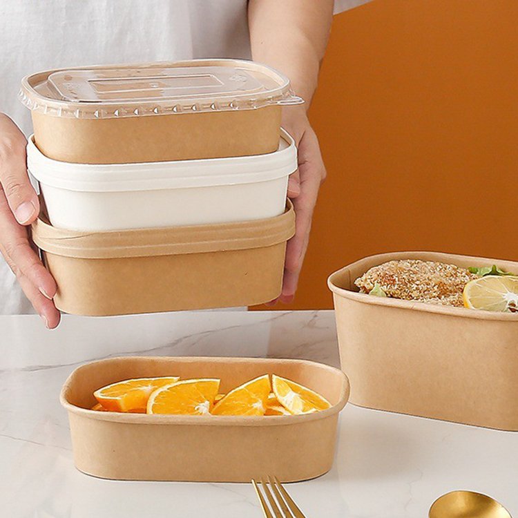 oval Kraft Paper Bowl Takeout Boxes Disposable For Salad Bamboo Pulp Rectangular Paper Food Bowl Container Supplier With Lid