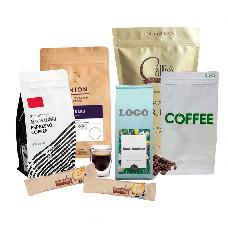 Custom Printed Flat Bottom Coffee Bag Valve And Zipper Kraft Paper food 250g 500g Coffee Bean Tea Packaging Pouch
