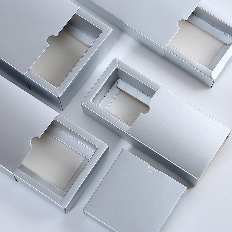 Custom printed Logo flat pack foldable silver paper sleeve pull out drawer packaging box for cosmetic drop bottle