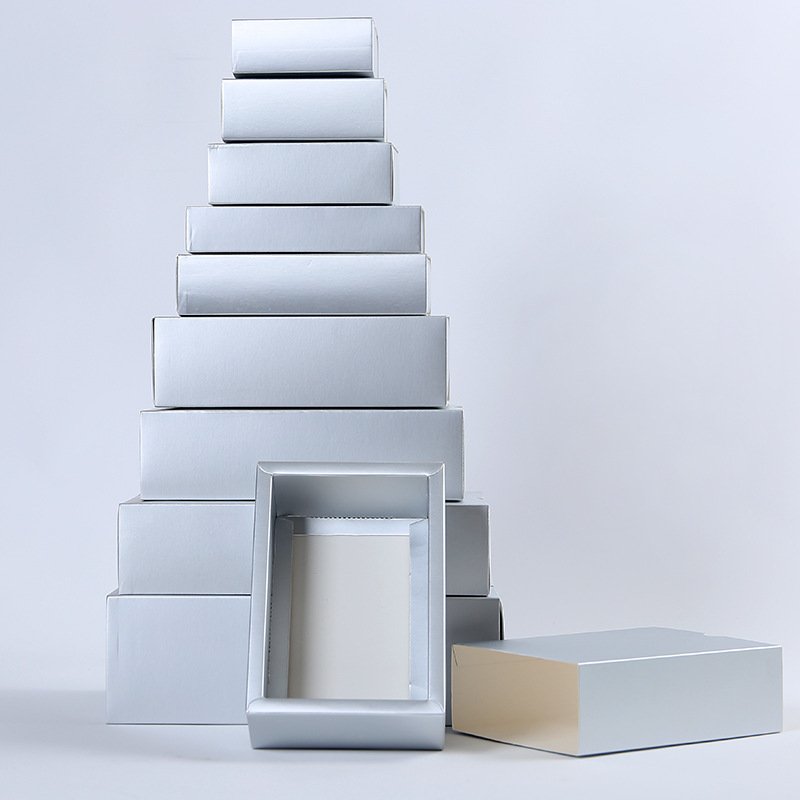 Custom printed Logo flat pack foldable silver paper sleeve pull out drawer packaging box for cosmetic drop bottle