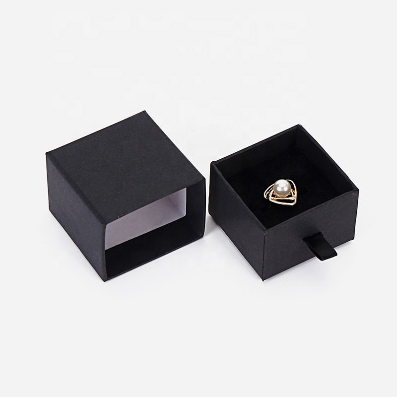 Cardboard Custom Logo Black Ring Luxury Retail Mystery Gift Box Jewelry Packaging Box Sliding Drawer Box With Ribbon