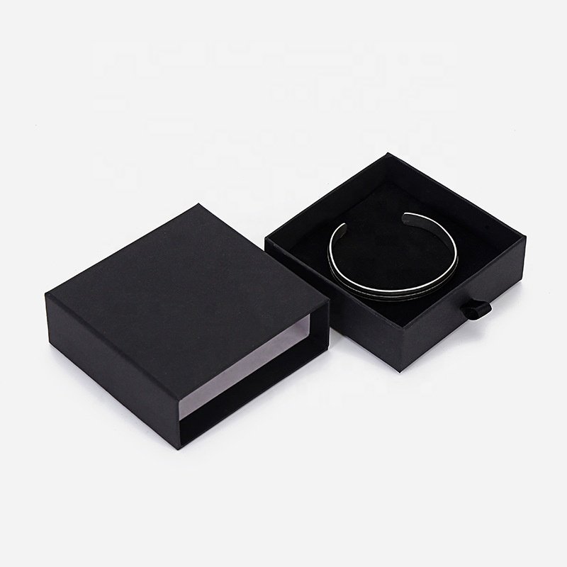 Cardboard Custom Logo Black Ring Luxury Retail Mystery Gift Box Jewelry Packaging Box Sliding Drawer Box With Ribbon