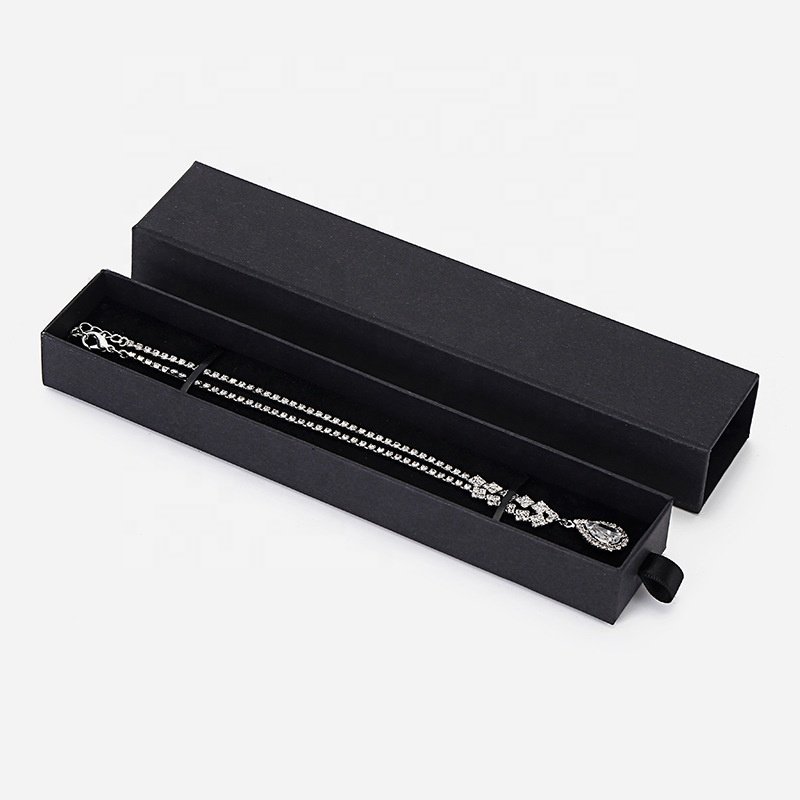 Cardboard Custom Logo Black Ring Luxury Retail Mystery Gift Box Jewelry Packaging Box Sliding Drawer Box With Ribbon