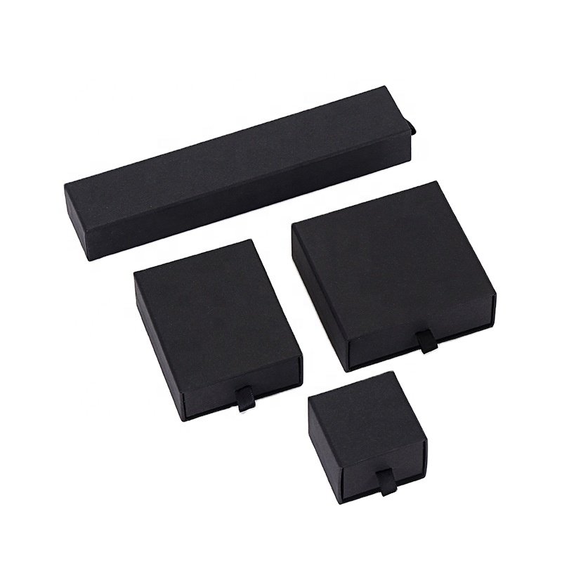 Cardboard Custom Logo Black Ring Luxury Retail Mystery Gift Box Jewelry Packaging Box Sliding Drawer Box With Ribbon