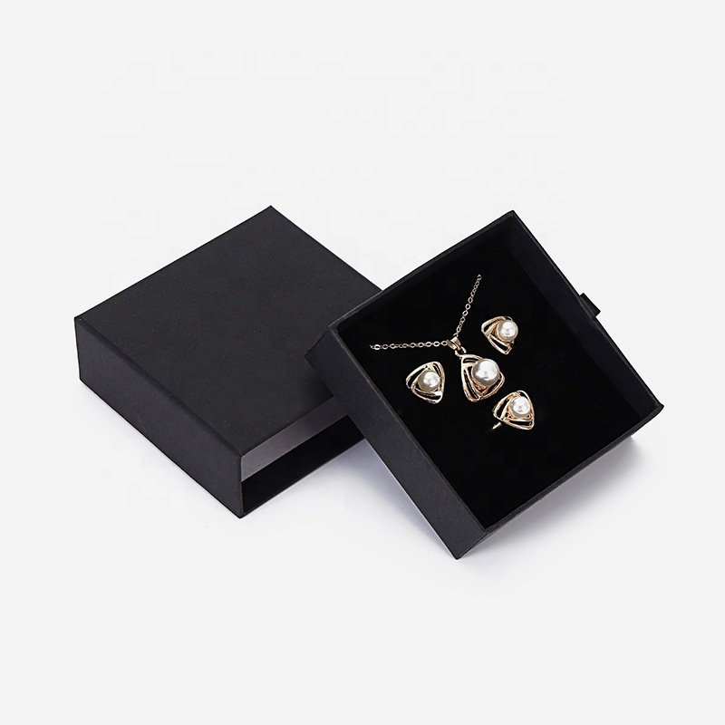Cardboard Custom Logo Black Ring Luxury Retail Mystery Gift Box Jewelry Packaging Box Sliding Drawer Box With Ribbon