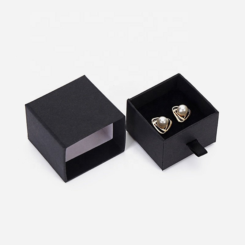 Cardboard Custom Logo Black Ring Luxury Retail Mystery Gift Box Jewelry Packaging Box Sliding Drawer Box With Ribbon