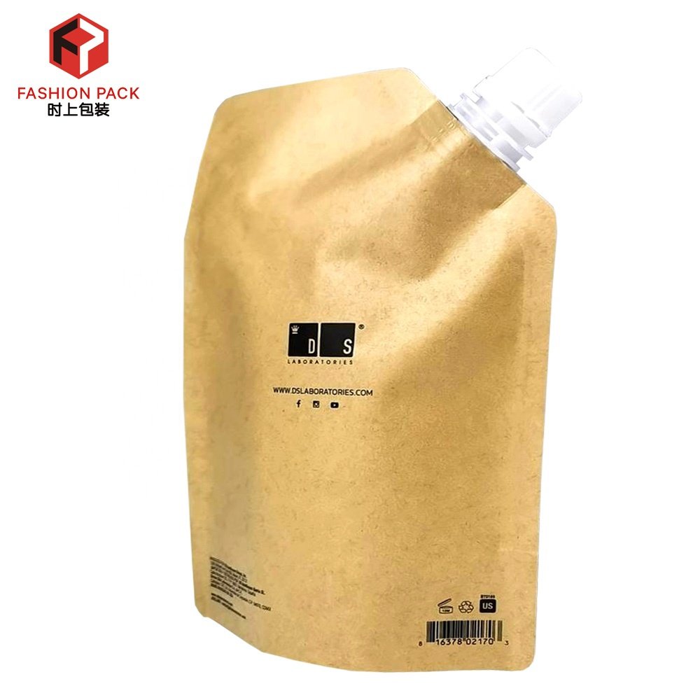 Custom Eco Friendly Sustainable Liquid Drink Packaging Spout Bag Biodegradable Brown Kraft Paper Spout Pouch Beverage Printed
