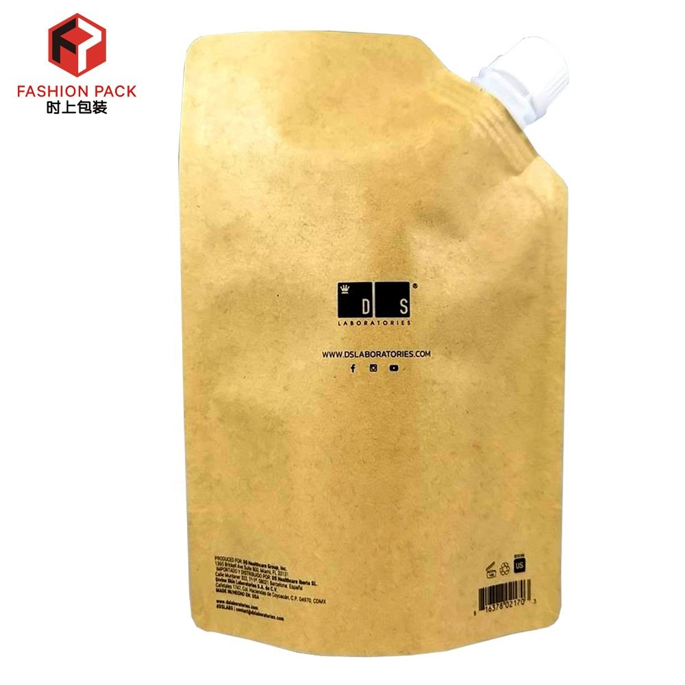 Custom Eco Friendly Sustainable Liquid Drink Packaging Spout Bag Biodegradable Brown Kraft Paper Spout Pouch Beverage Printed