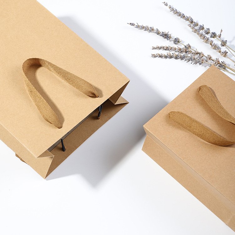 Custom Logo Printed Natural Brown Kraft Paper Shopping Paper Gift Bags Handbags With Ribbon Handle