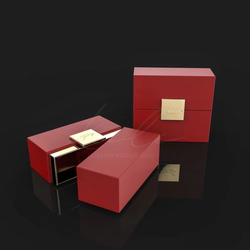 Wholesale Red Golden Square Lid And Base Perfume Packaging Box Rigid Paper Box For Cosmetics Products Classic Empty Perfume Box