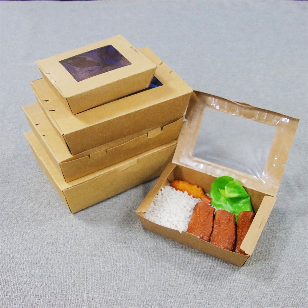 Kingwin customized Disposable Food Grade Kraft Paper Packaging Boxes Takeaway Salad Containers with Window